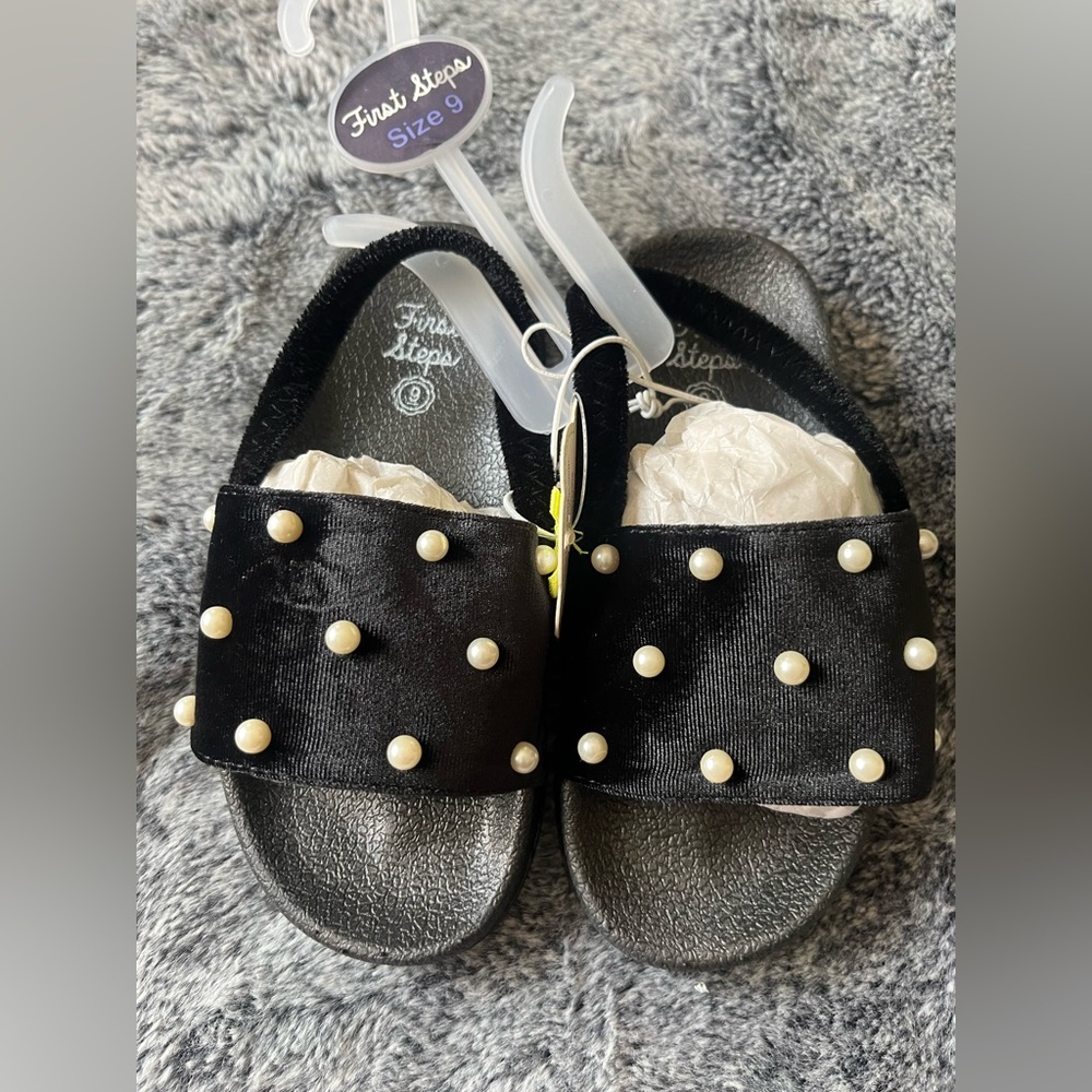 First Steps Black Kids Shoes with Pearl Accents